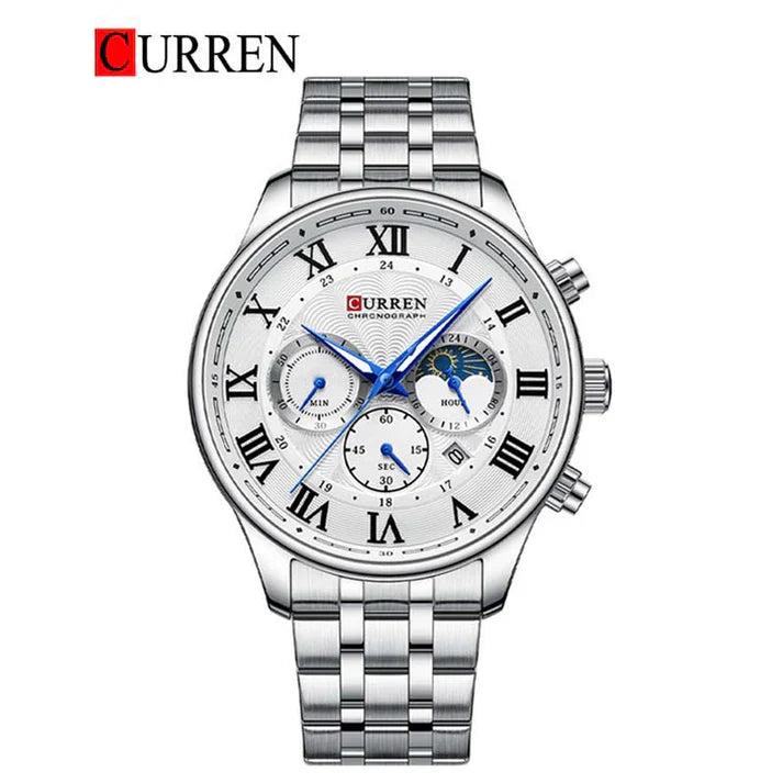 Close-up of Curren 8427 men's chronograph watch showing black dial, silver case, and multiple subdials on a men's wrist.
