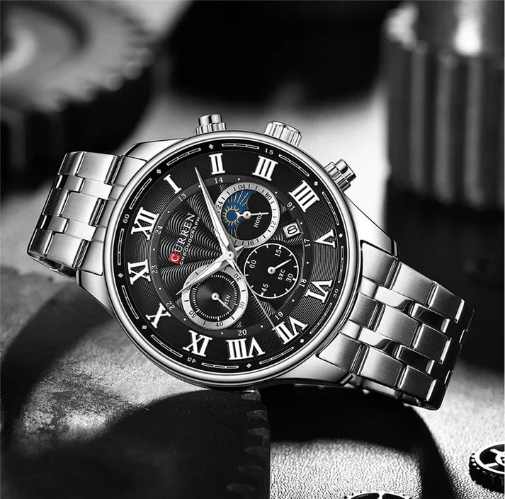 Men's Curren 8427 chronograph watch with black dial, silver case, and leather strap, stylish men's wristwatch.