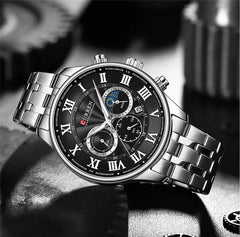 Men's Curren 8427 chronograph watch with black dial, silver case, and leather strap, stylish men's wristwatch.