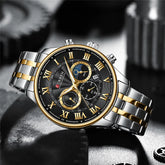 Black Curren 8427 men's chronograph watch with silver accents and multiple dials on a black strap.