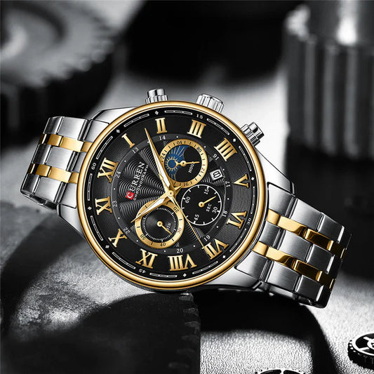 Black Curren 8427 men's chronograph watch with silver accents and multiple dials on a black strap.