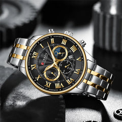Black Curren 8427 men's chronograph watch with silver accents and multiple dials on a black strap.