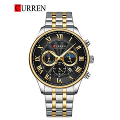 Men's Curren 8427 chronograph watch with black dial, silver case, and multiple subdials, showcasing a stylish men's wristwatch.