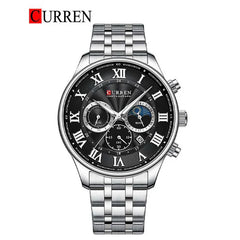 Curren 8427 men's chronograph watch showing a black dial with silver accents and a stainless steel band.