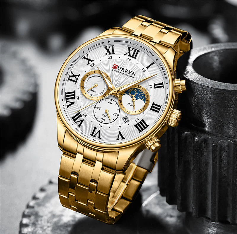 Curren 8427 men's chronograph watch with black dial and silver stainless steel band, stylish men's wristwatch.
