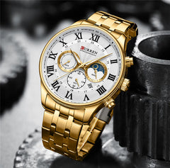 Curren 8427 men's chronograph watch with black dial and silver stainless steel band, stylish men's wristwatch.