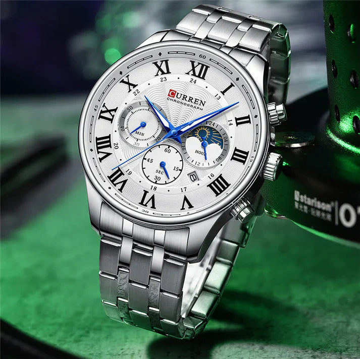 Men's Curren 8427 chronograph watch with black dial, silver case, and multiple subdials, stylish and functional timepiece.