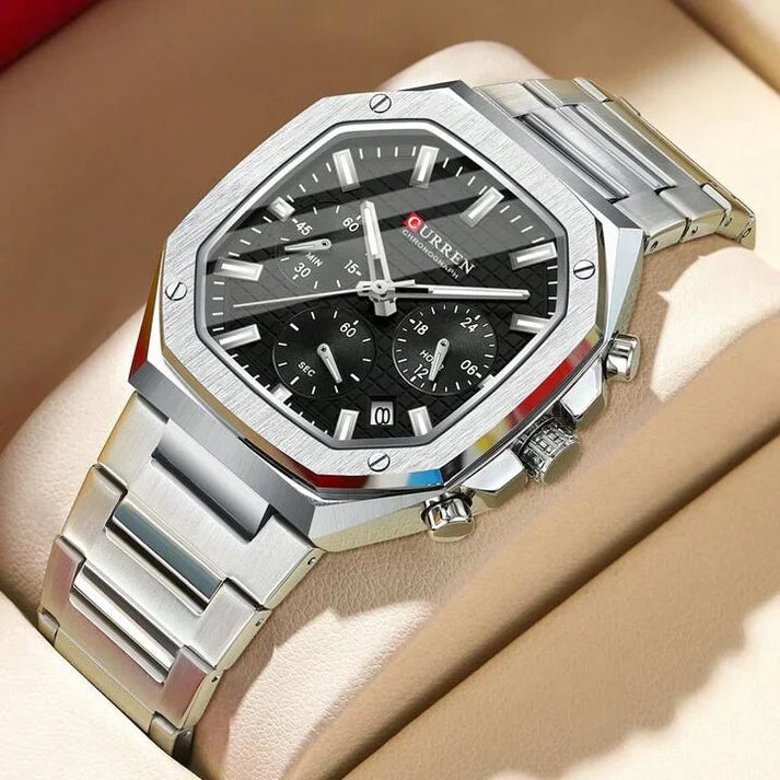 Silver Curren 8459 men's chronograph watch with black dial and multiple subdials, featuring a stainless steel band.