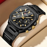 Men's Curren 8459 chronograph watch with black dial, silver case, and multiple subdials on a leather strap.