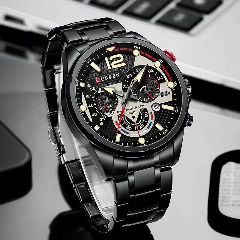 Men's black stainless steel watch by Curren, featuring a sleek modern design and analog display.