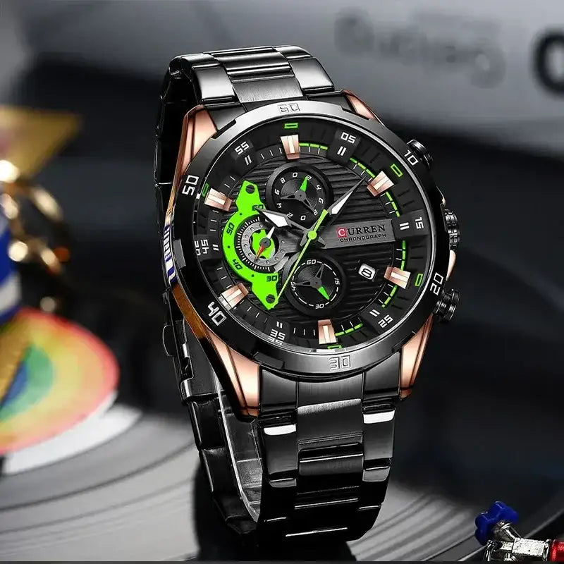 Men's black stainless steel Curren 8402 watch with round dial and metal bracelet, stylish and durable men's wristwatch.