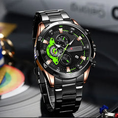 Front view of Curren 8402 men's stainless steel watch with black band and green accents, showcasing its round dial and sleek design.
