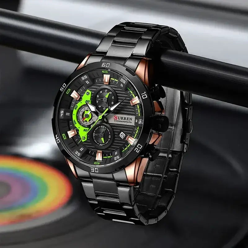 Men's Curren 8402 stainless steel watch with a black dial and band, featuring a sleek and modern design.