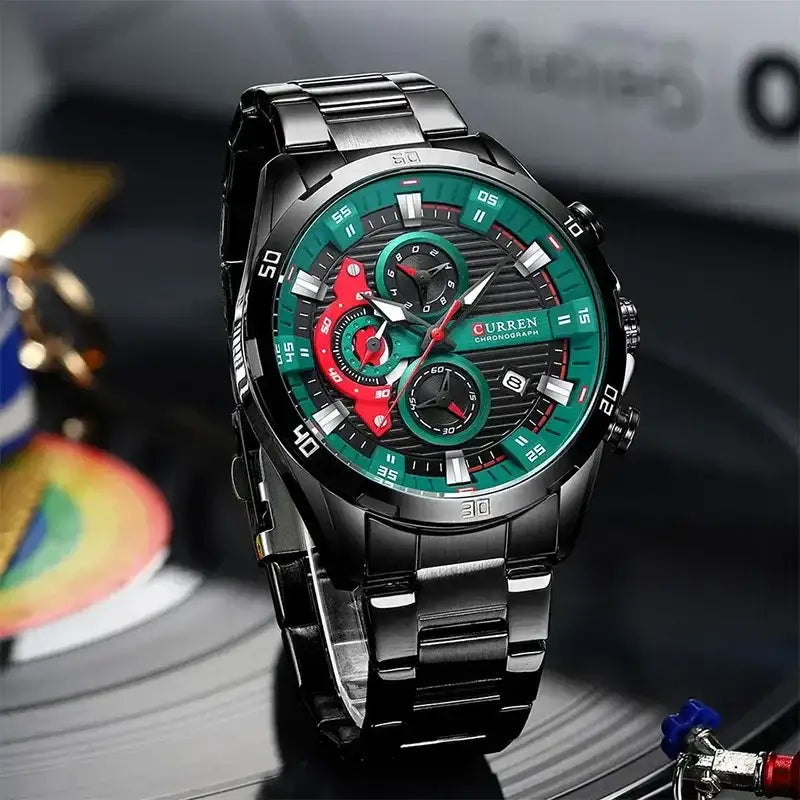 Men's black stainless steel watch from Curren 8402 with a sleek round dial and durable strap, stylish and functional timepiece.