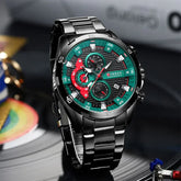 Curren 8402 men's stainless steel watch with black and green dial, featuring a sleek design and durable metal strap.
