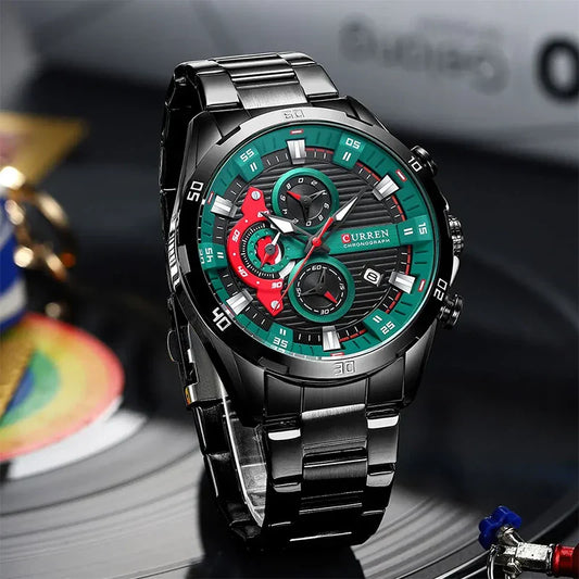 Curren 8402 men's stainless steel watch with black and green dial, featuring a sleek design and durable metal strap.
