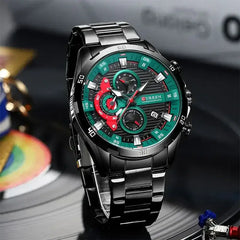 Men's black stainless steel watch from Curren 8402 with a sleek round dial and durable strap, stylish and functional timepiece.