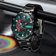 Black stainless steel men's watch from Curren 8402 with a round dial and metal bracelet, showcasing a sleek and modern design.