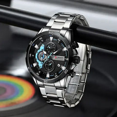 Black stainless steel men's watch by Curren with a sleek round dial and metal bracelet, showcasing a modern and stylish design.