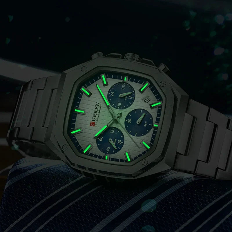 Curren 8459 men's chronograph watch with black dial, silver case, and leather strap, showcasing a stylish men's timepiece.