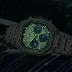 Curren 8459 men's chronograph watch with black dial, silver case, and leather strap, showcasing a stylish men's timepiece.