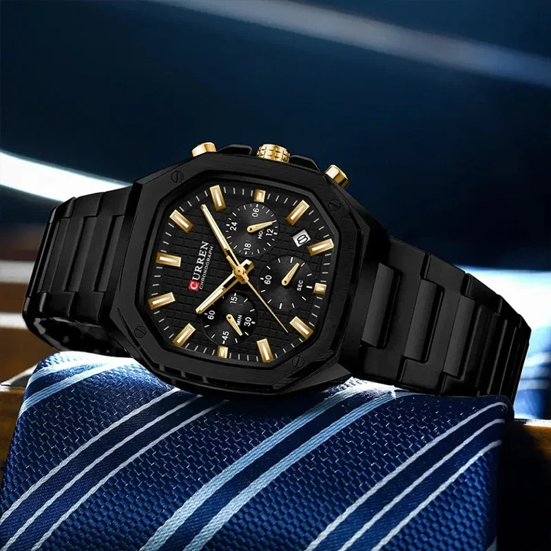 Curren 8459 men's chronograph watch with black dial and stainless steel band, stylish men's wristwatch.