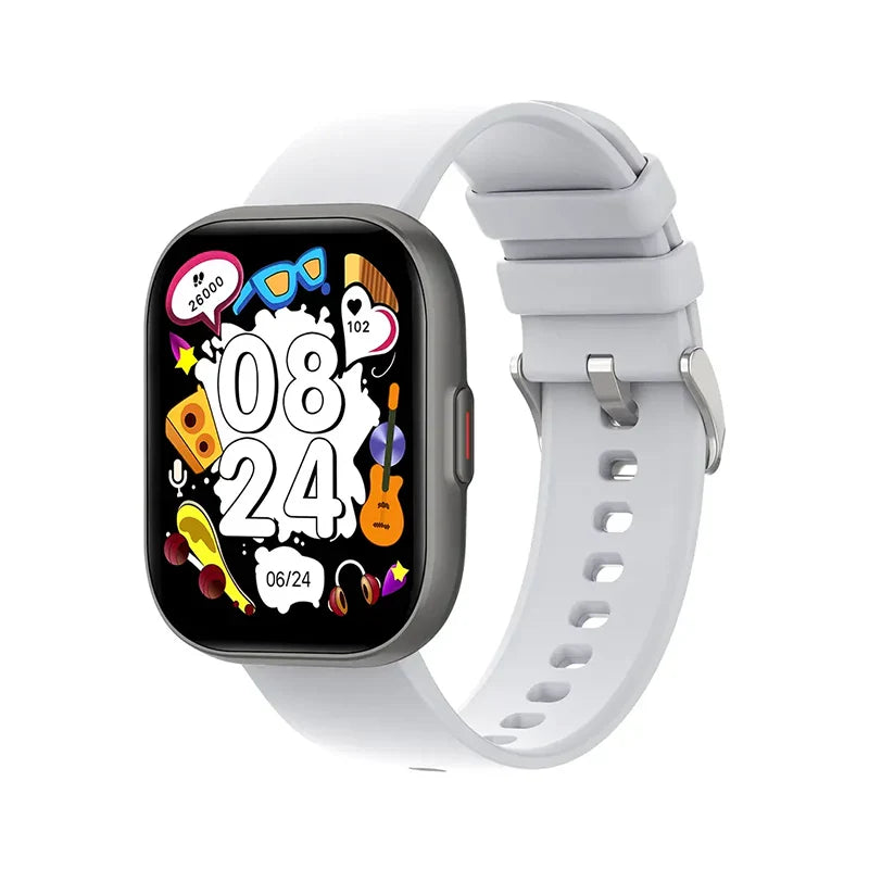Colmi P68 smartwatch displaying a digital clock face with health and fitness icons on a black band and sleek design.