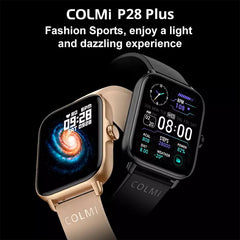 Tarjah Mart COLMI P28 Plus waterproof smart watch displaying digital time and fitness tracking features in a sleek design.