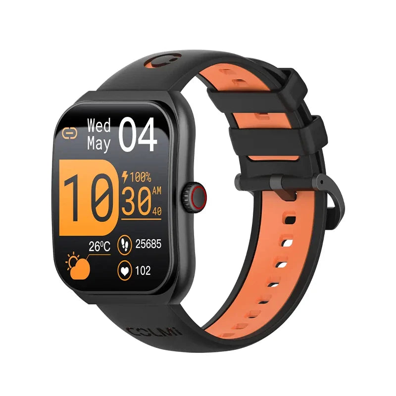 Colmi P86 Smart Watch with black band and digital display showing time and health stats.