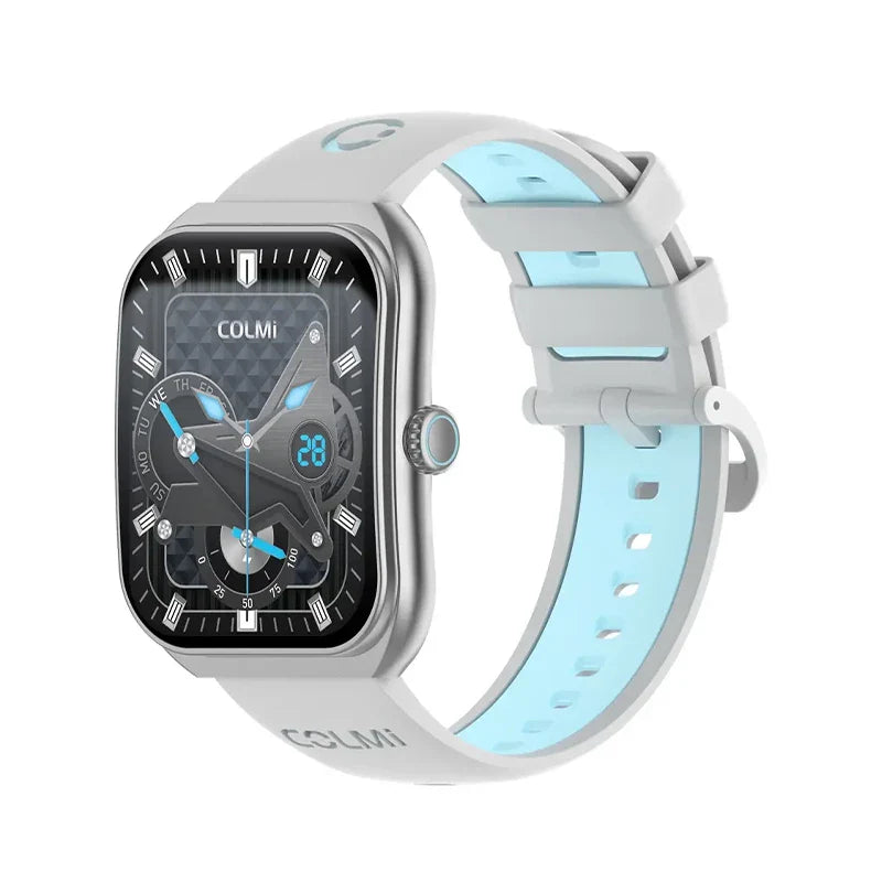 Colmi P86 Smart Watch with black strap and digital display showing time and fitness tracking features.