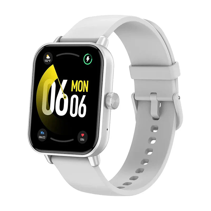Silver Colmi P81 smartwatch displaying sports modes and fitness tracking features on its screen.