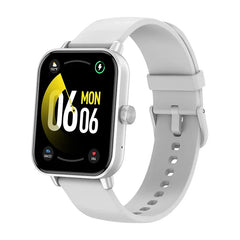 Silver Colmi P81 smartwatch displaying sports modes and fitness tracking features on its screen.
