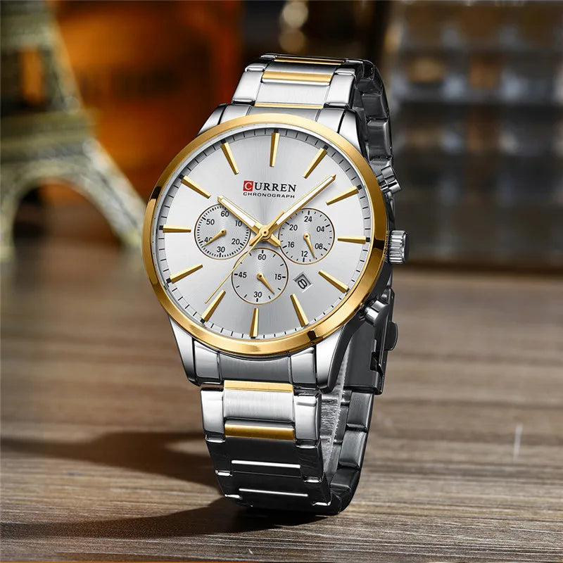 Men's Curren 8435 chronograph watch with black dial, silver case, and multiple subdials, showing time and stopwatch features.