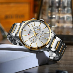 Curren 8435 men's chronograph watch with black dial, silver case, and leather strap, stylish men's wristwatch.
