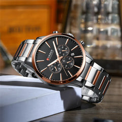 Curren 8435 men's chronograph watch with black dial, silver case, and leather strap, displaying time and chronograph features.