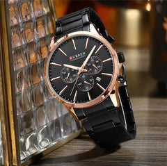 Curren 8435 men's chronograph watch with black dial, silver case, and leather strap, displaying time and chronograph features.
