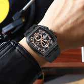 Curren 8488 men's watch with black silicone strap and multifunctional dial, featuring a sleek, modern design.