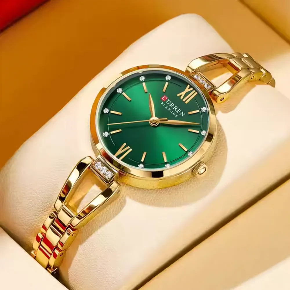 Elegant Curren 9092 ladies' watch with stainless steel band and light blue dial, showcasing luxury and stylish design.