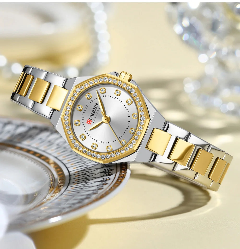 Women's Curren 9100 stainless steel watch with a sleek silver band and round dial, stylish accessory for any outfit