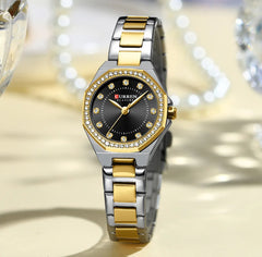 Elegant women's stainless steel watch by Curren with a sleek round dial and silver-tone band.