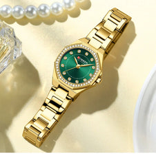 Women’s stainless steel wristwatch from Curren 9100 series with a sleek design and round dial.