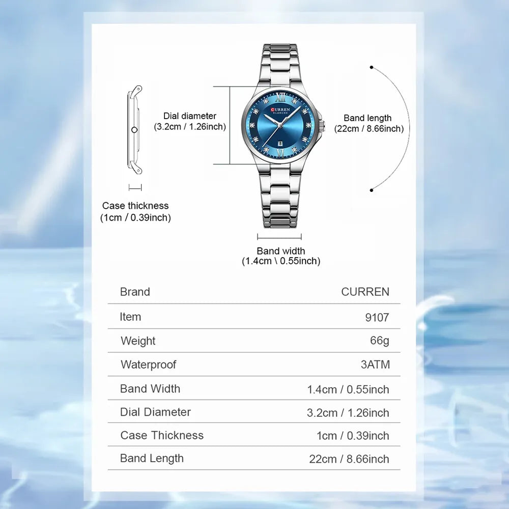 Curren 9107 women's quartz luxury stainless steel watch with white dial and band, stylish fashion accessory for ladies.