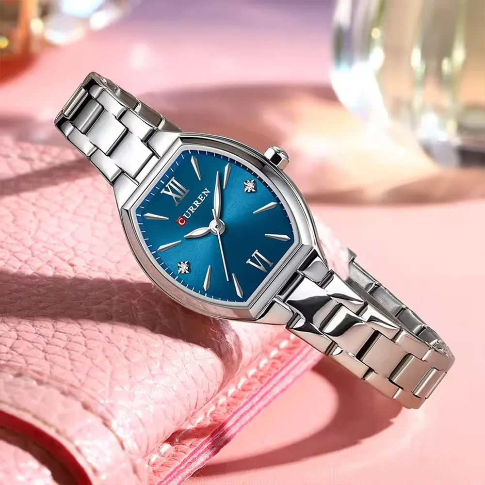 Curren 9112 luxury women's quartz stainless steel watch with silver and white dial, elegant and stylish timepiece.