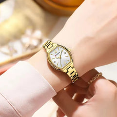 Silver and white Curren 9112 luxury women's quartz stainless steel watch with a sleek design and elegant gold accents.