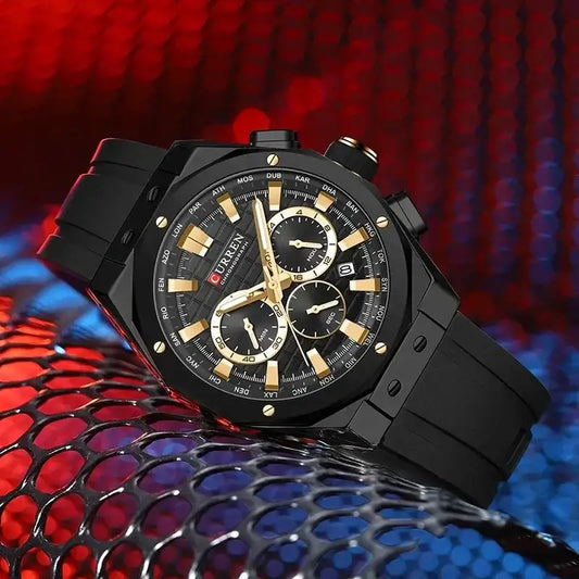 Curren 8464 men's sports quartz watch with multi-functional display and waterproof design, featuring a sleek black dial and stainless steel band.