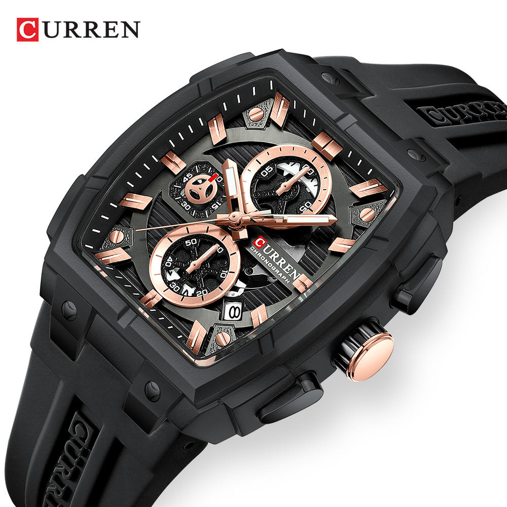 Curren 8488 men's multifunctional silicone strap watch with a round dial and detailed features on a black background.