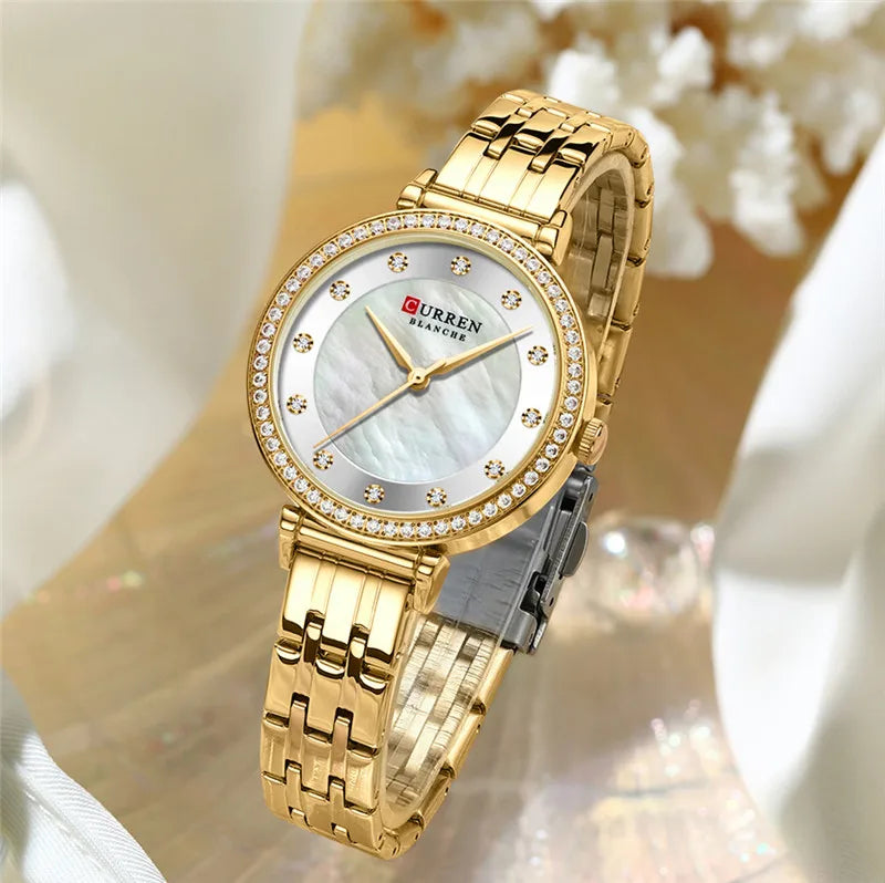 Close-up of Curren 9087 women's stainless steel watch with a sleek silver band and round dial, showcasing elegant watch design.