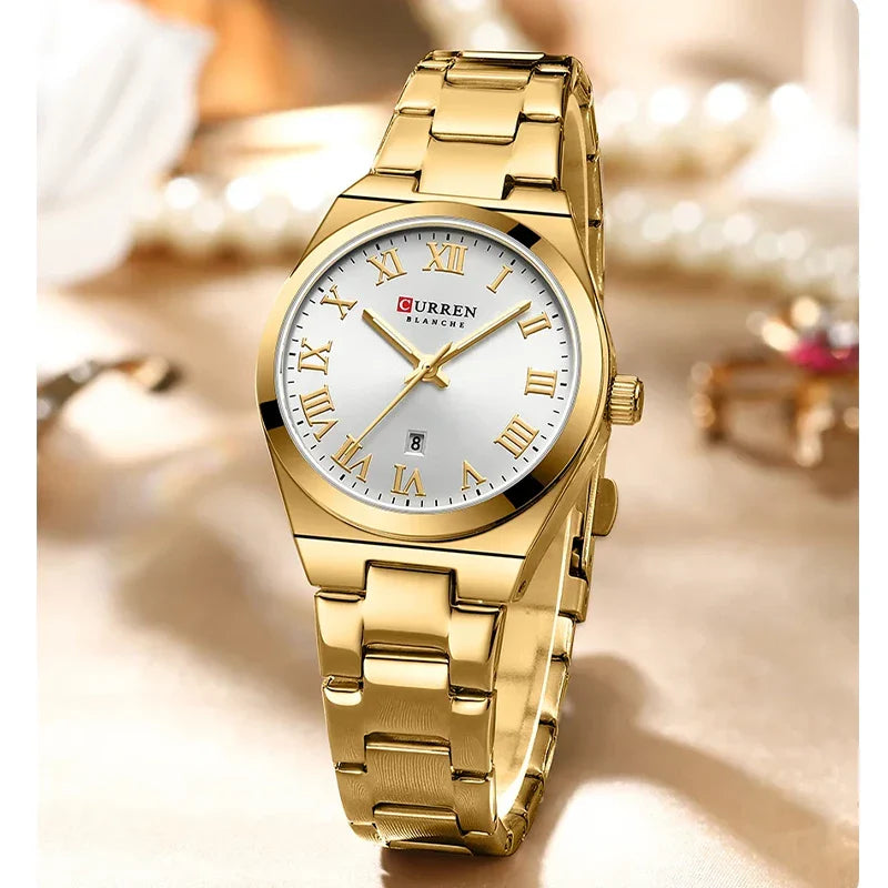 Women's stainless steel watch from Curren 9095 model, featuring a sleek design and silver-tone finish.