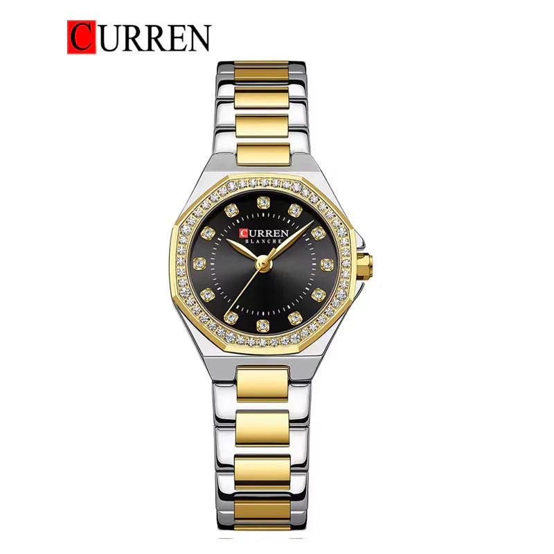 Elegant Curren 9100 women's stainless steel watch with a sleek round dial and silver-tone band, showcasing a stylish timepiece.
