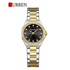 Elegant Curren 9100 women's stainless steel watch with a sleek round dial and silver-tone band, showcasing a stylish timepiece.